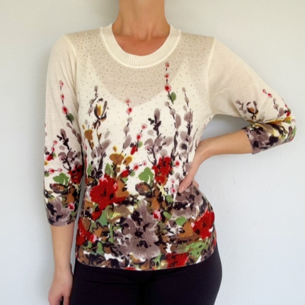 Vintage CD Petites cream red floral print rhinestone stud sweater size medium